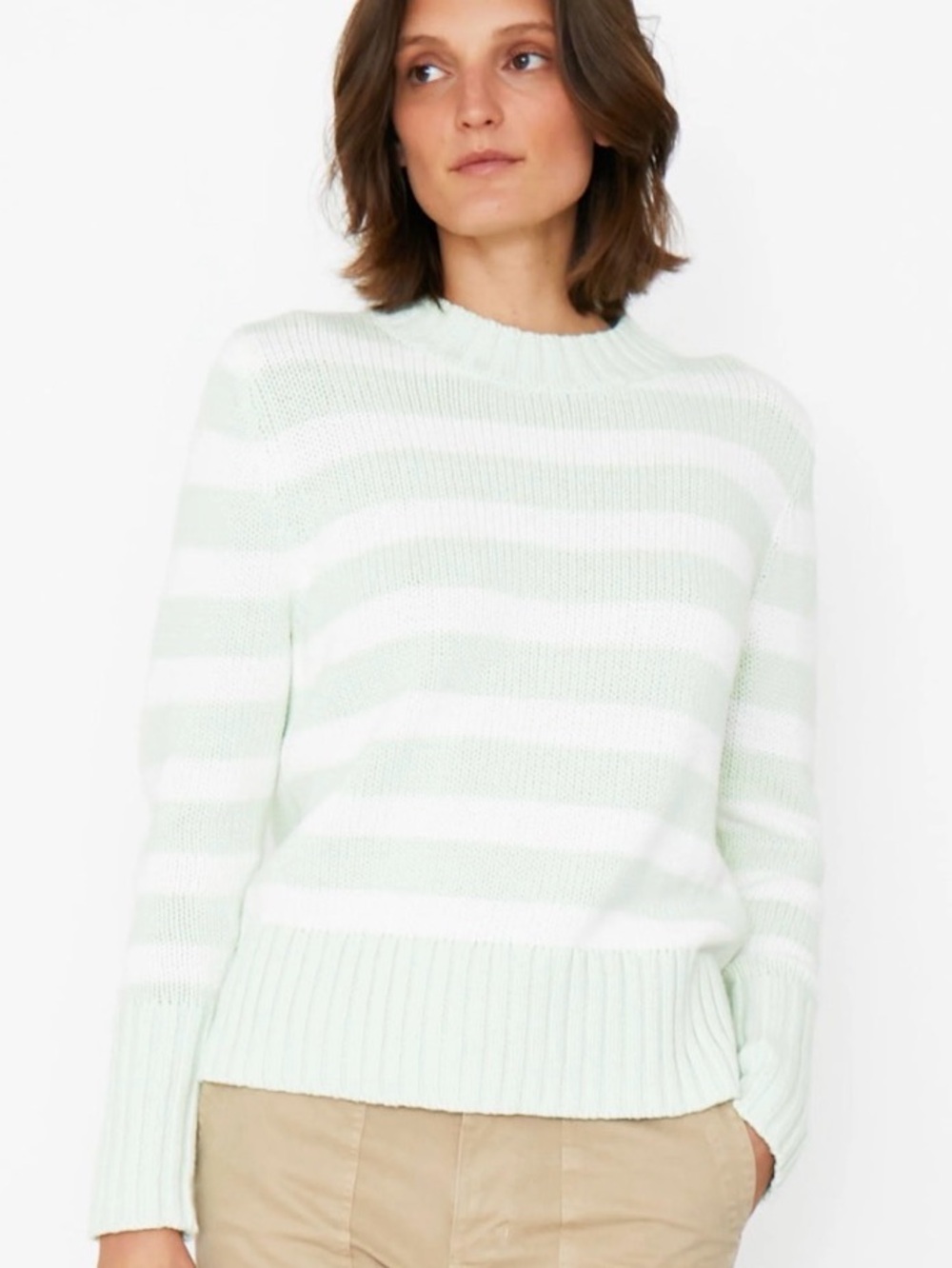 KULE Tatum Soft Striped Crewneck Sweater in Light Green and White